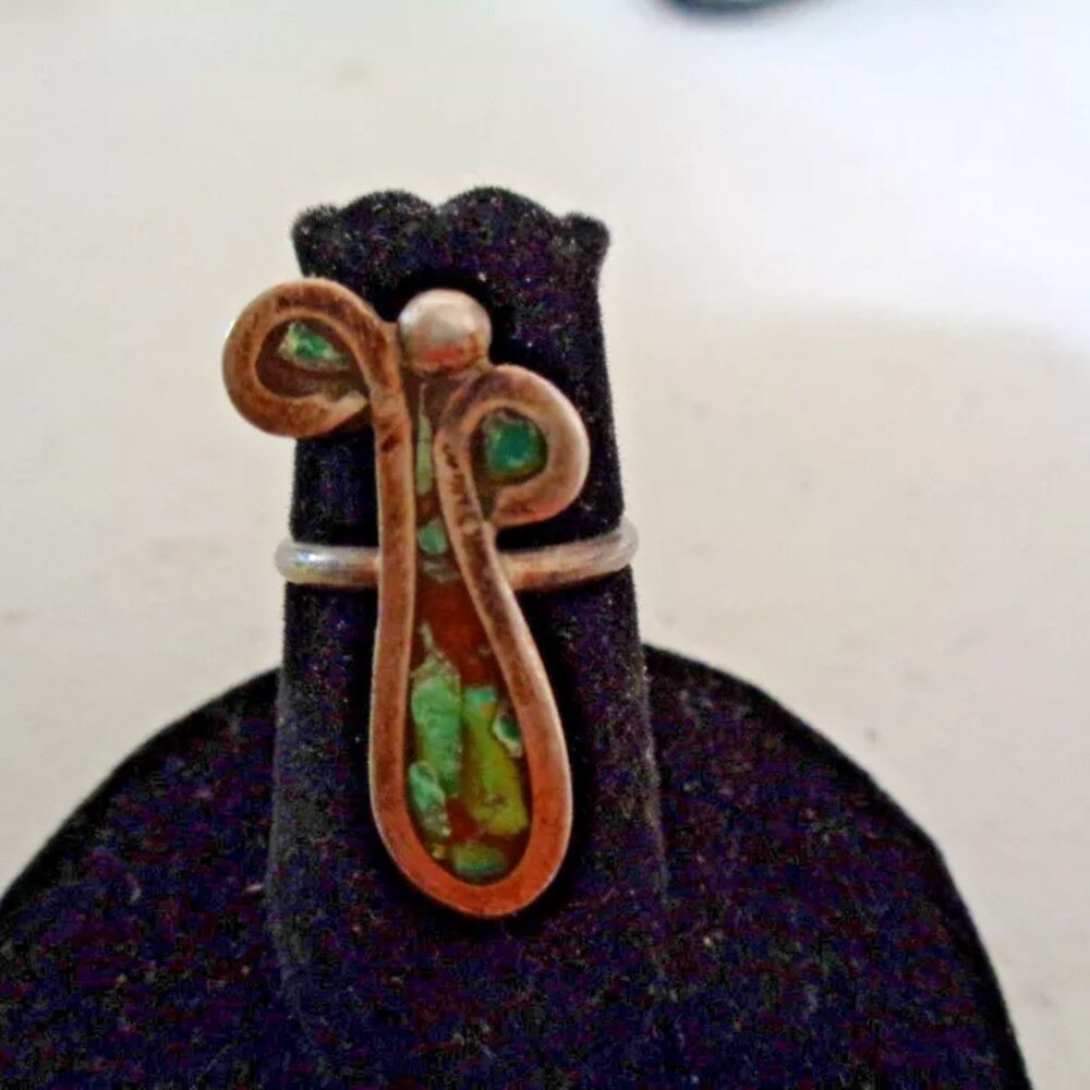 Unique Navajo RING Sterling Silver w/ Crushed Turquoise Coral Sz 5.25 3.8 Grams